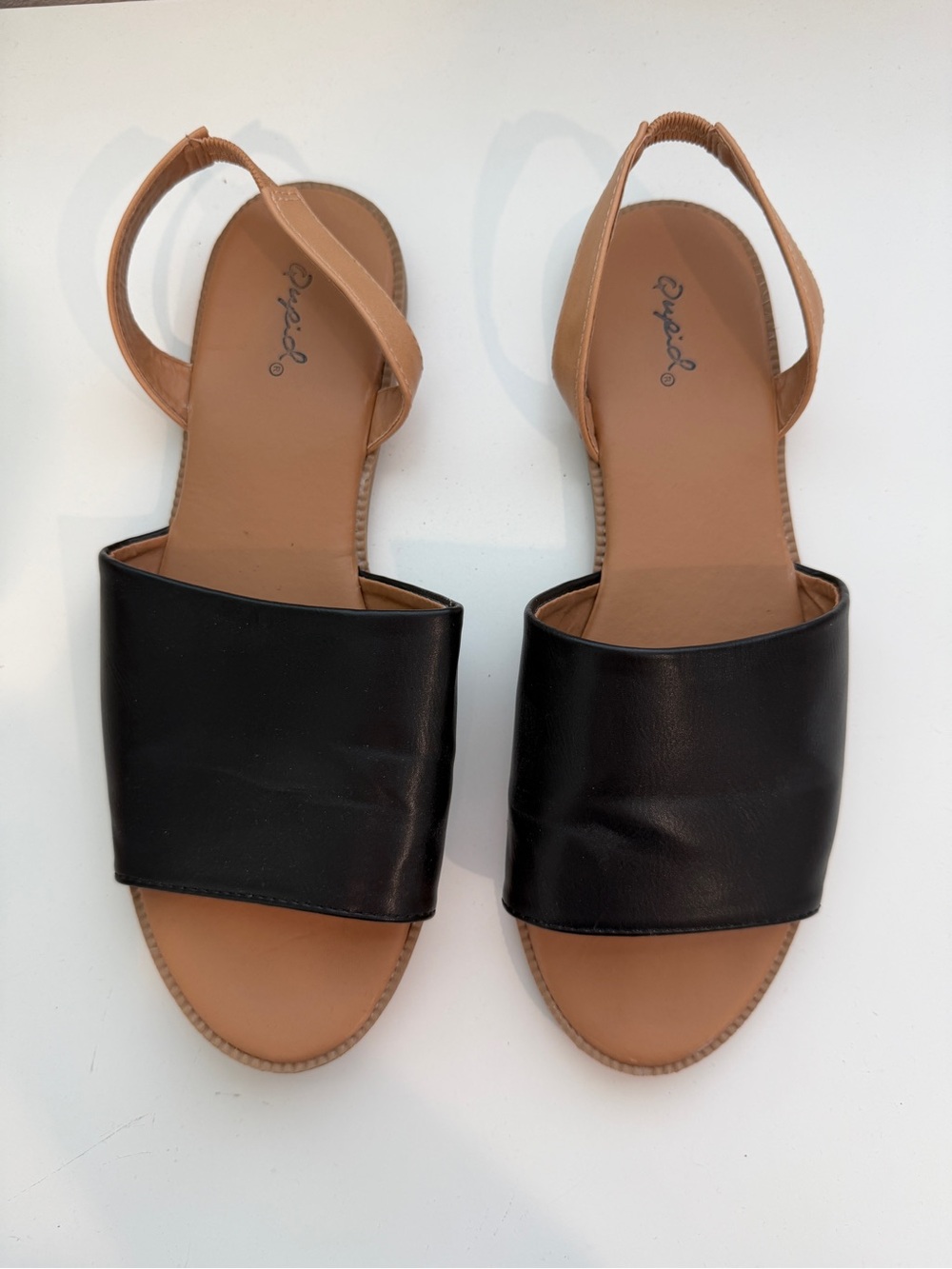 Qupid Black and Tan Slingback Slide Sandals